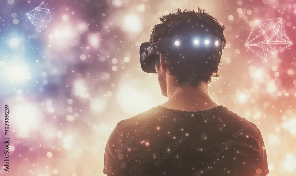 Poster man wearing virtual reality headset in colorful bokeh background