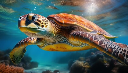 Fototapeta premium Underwater view of a sea turtle swimming in clear blue water. Sunlight filters through the waters and illuminating her yellow head