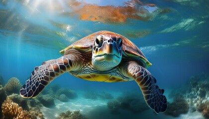 Obraz premium Underwater view of a sea turtle swimming in clear blue water. Sunlight filters through the waters and illuminating her yellow head
