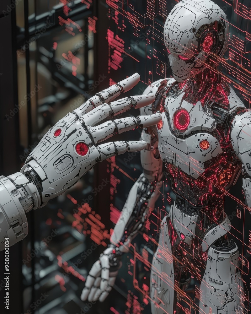 Poster futuristic robot with holographic interface in high-tech environment
