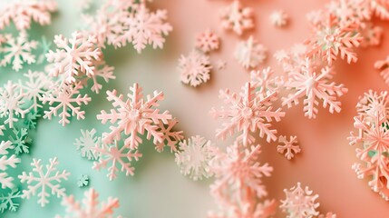 Abstract Background of 3D Snowflakes in Gradient Green and Peach Colors