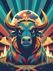 Bull with Horns Against a Sunset with a Sun Behind the Animal