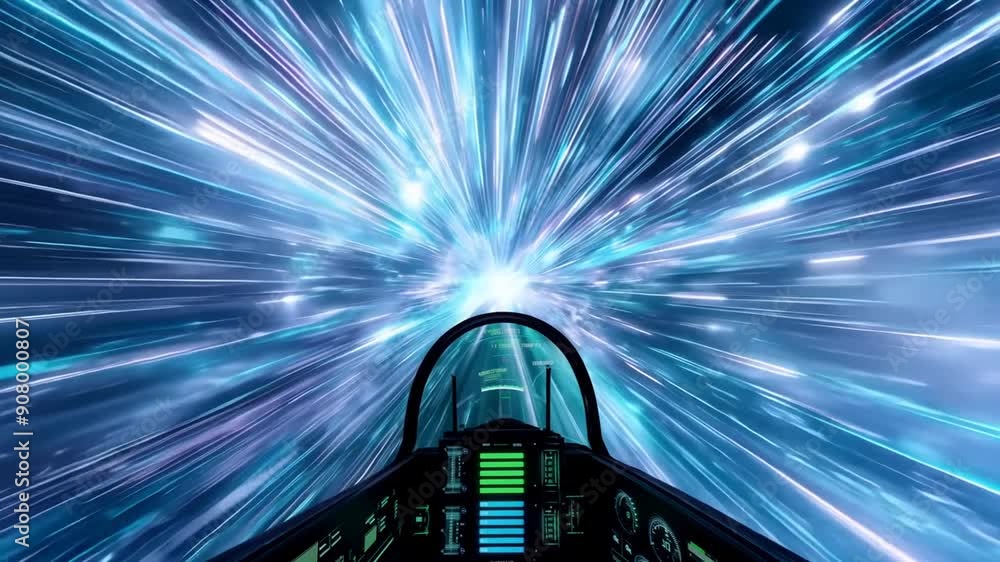Aufkleber classical light speed space warp jump effect in futuristic cockpit generative ai