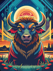 Colorful Bull with Horned Head in Front of a Sunset