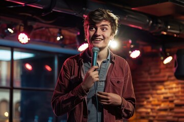 Obraz premium Young male comedian performing his stand-up monologue on a stage of a small venue
