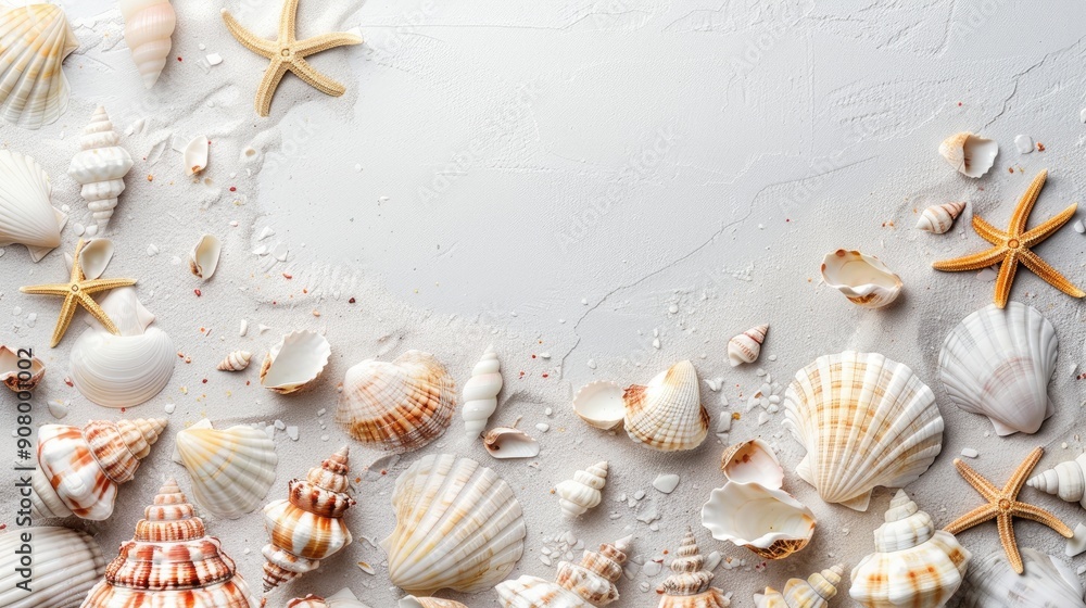 Poster seashell arrangement on bright surface top view text can be added