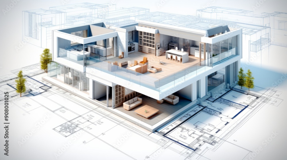 Poster vision of architecture of a 3d model house project with blueprint