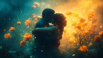 Two people hugging surrounded by a field of flowers with a colorful dreamy aesthetic Dreamlike whimsical style
