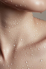 Fototapeta premium Close-up of female skin with water droplets on a simple background, creative concept of smooth and hydrated skin.