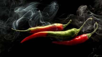 Four red and two green chili peppers with smoke on a black background.