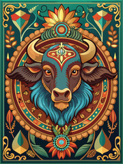 Ornate Illustration of a Bull's Head with Floral and Geometric Designs