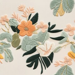 Intricate Minimalist 3D Embroidery of Floral and Leaves on Light Background â€“ Natural Style Surreal Design with High Detail, Generative Ai