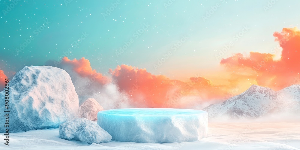 Sticker Ice Platform In Snowy Mountain Landscape With Pink Clouds