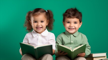 Fototapeta na wymiar Happy Smiling Children Reading Books With Copyspace on Green Background. Knowledge, Ideas Concept