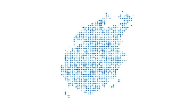 Paros dotted digital map. Map of Paros with pulsating colored circles. Shape of the island filled with blue disks. Appealing video.