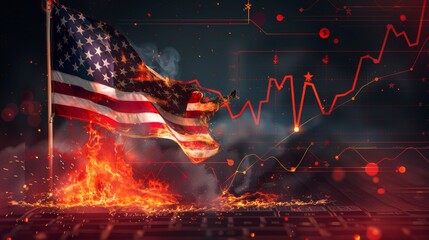burning American flag against a backdrop of economic graphs and charts showing inflation and declining dollar value