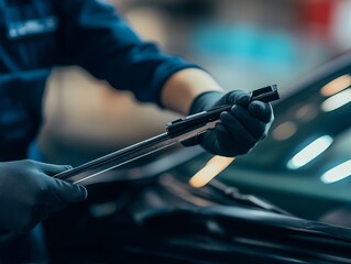 car wiper arm being manually adjusted by a person, demonstrating maintenance or replacement, with the car hood partially open