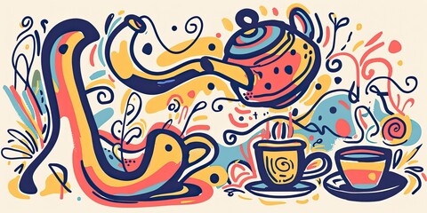 Obraz premium Whimsical Teapot Pouring Hot Tea