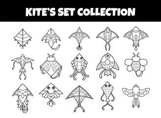 Cute kites outline vector illustration set