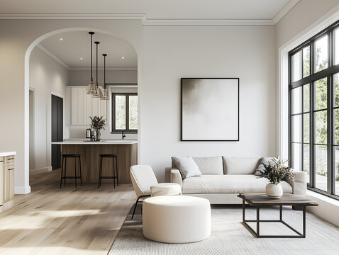 Modern living room interior. A minimalist background featuring Light Grey, Soft White, Charcoal Black, and Pale Beige. Perfect for elegant and subtle visuals.