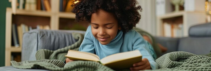 Young African American girl aged 6 8 happily reading a book while lying on a green blanket in a cozy blue turtleneck Her joyful and curious demeanor shines in a well lit living room