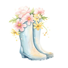 Whimsical illustration of blue rain boots filled with blooming flowers, creating a charming blend of nature and fashion.