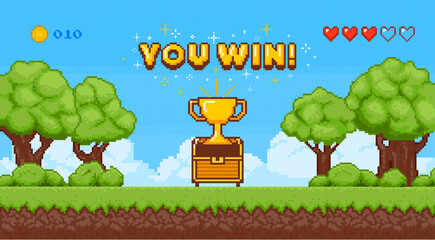 Pixel game art scene with chest. Retro 8 bit win background. Arcade interface with open chest, treasure, cup and stars. Computer game victory. Vector video computer banner. © Foxy Fox