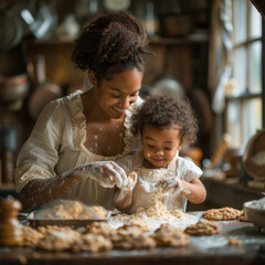 Mother and child bonding while baking together in a cozy kitchen, highlighting family moments and the joy of cooking