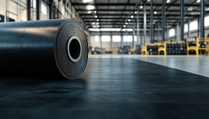 Black rubber roll on industrial floor in factory setting