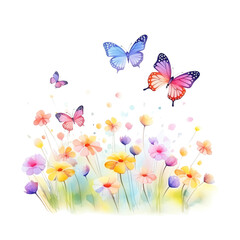 Colorful flowers and butterflies in watercolor style. Vibrant spring floral arrangement with delicate butterflies suitable for greeting cards.