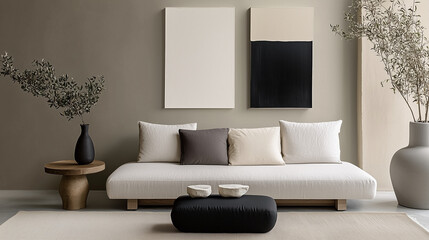 Modern living room interior. A minimalist background featuring Light Grey, Soft White, Charcoal Black, and Pale Beige. Perfect for elegant and subtle visuals.