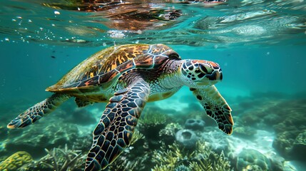 Fototapeta premium A majestic sea turtle gliding gracefully through crystal-clear waters, surrounded by vibrant coral reefs.