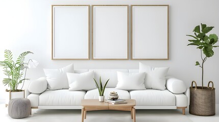 Blank picture frame mockup on gray wall, White living room design, View of modern scandinavian style interior with square artwork mock up on wall, Home staging and minimalism concept