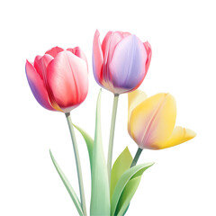Naklejka premium Beautifully vibrant illustration of three tulips in red, purple, and yellow shades, perfect for spring-themed designs.
