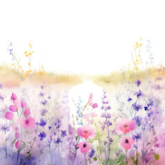 Beautiful watercolor meadow with colorful flowers and butterflies under a bright sky, capturing nature's serene beauty.