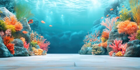 Underwater Scene with Coral Reefs, Rocks, and Fish