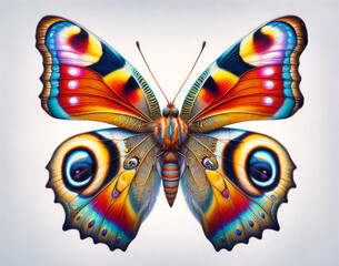color pencil drawing, of an butterfly, blue and orange wings , simple plain background