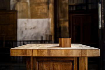 Solitude in the Sanctuary: A single wooden cube rests on a butcher block table in the quiet depths of an ancient cathedral, inviting contemplation and reflection. 
