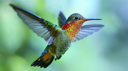 Vibrant Hummingbird in Flight Against White Background