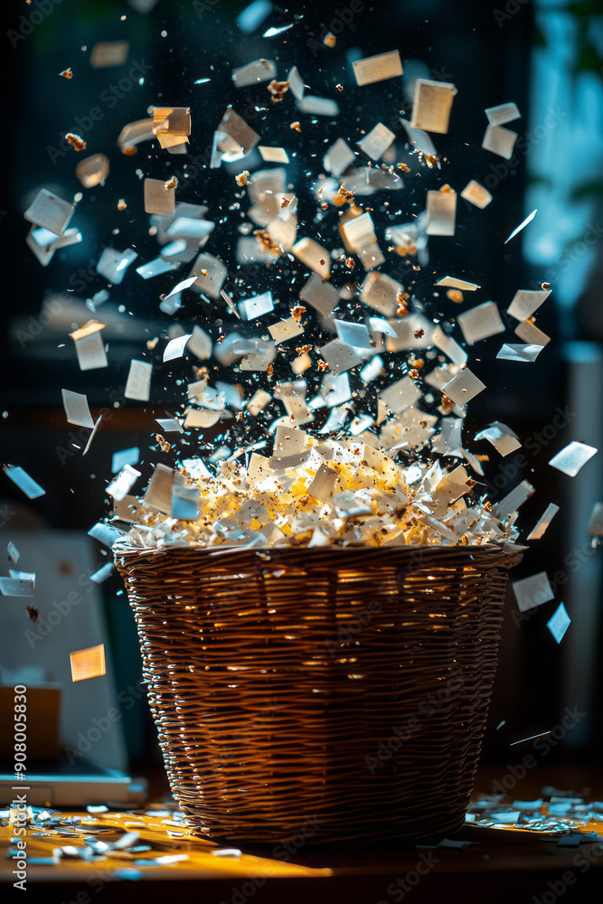 Poster minimalist depiction of digital files being deleted and soaring into a high-tech basket on a modern 