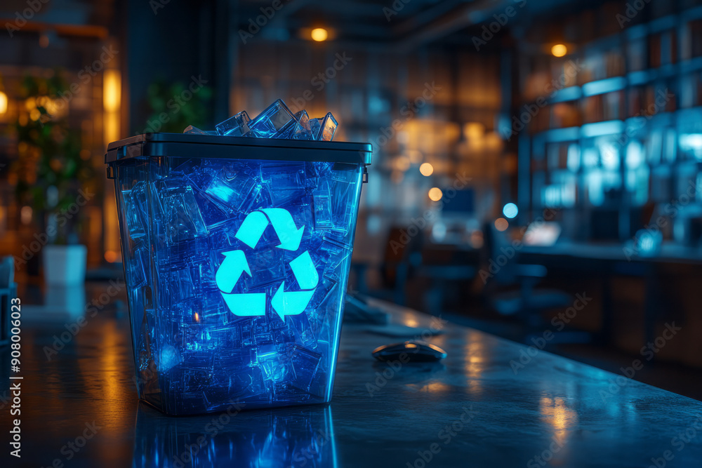 Poster artistic view of a digital recycling bin with files streaming into it, on a sleek and futuristic com