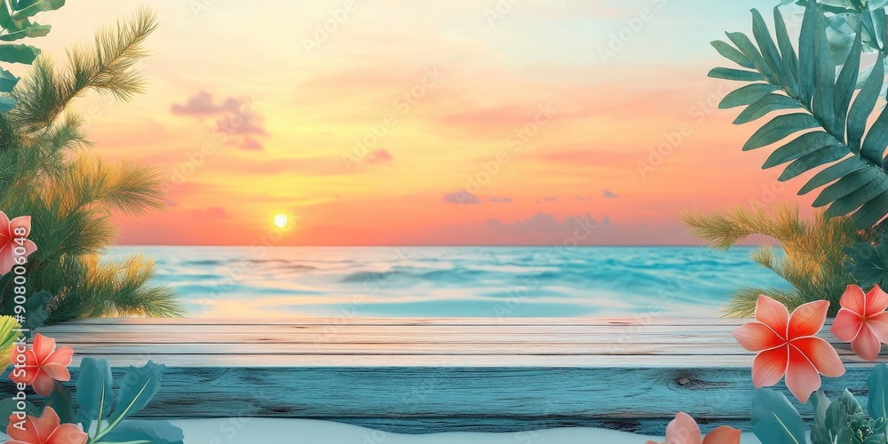 Wall mural Tropical Sunset with Wooden Plank and Flowers