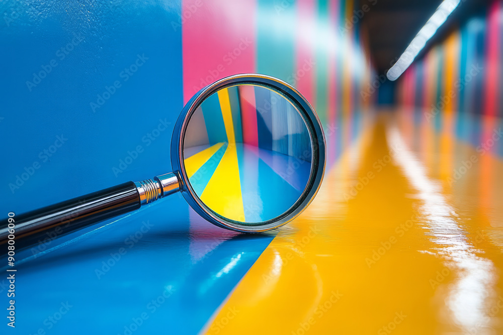Poster abstract representation of a search bar with colorful lines and a minimalist magnifying glass,