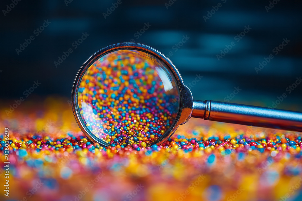 Poster abstract search bar with colorful dots forming the line and a minimalist magnifying glass,