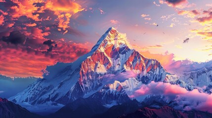 Majestic mountains rise under a vibrant sky, painted in hues of orange and pink, with clouds swirling around their rugged peaks, evoking awe.
