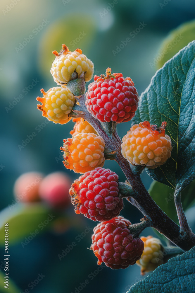 Poster clean depiction of a single mulberry with sections in different bright colors,