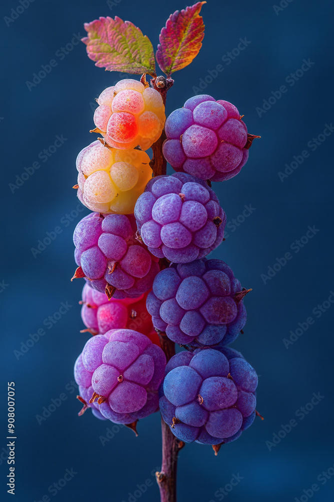 Poster clean depiction of a single mulberry with sections in different bright colors,