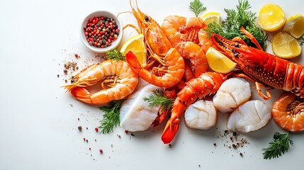 Fresh Seafood Flat Lay with Shrimp, Crab, and Scallops on White Background
