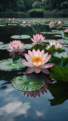 tranquil lotus pond with blooming pink and white lotus flowers floating on calm water, surrounded by green leaves