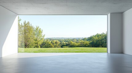 Obraz premium Large Window in Minimalist Interior Offers Scenic View of Lush Greenery and Distant Trees